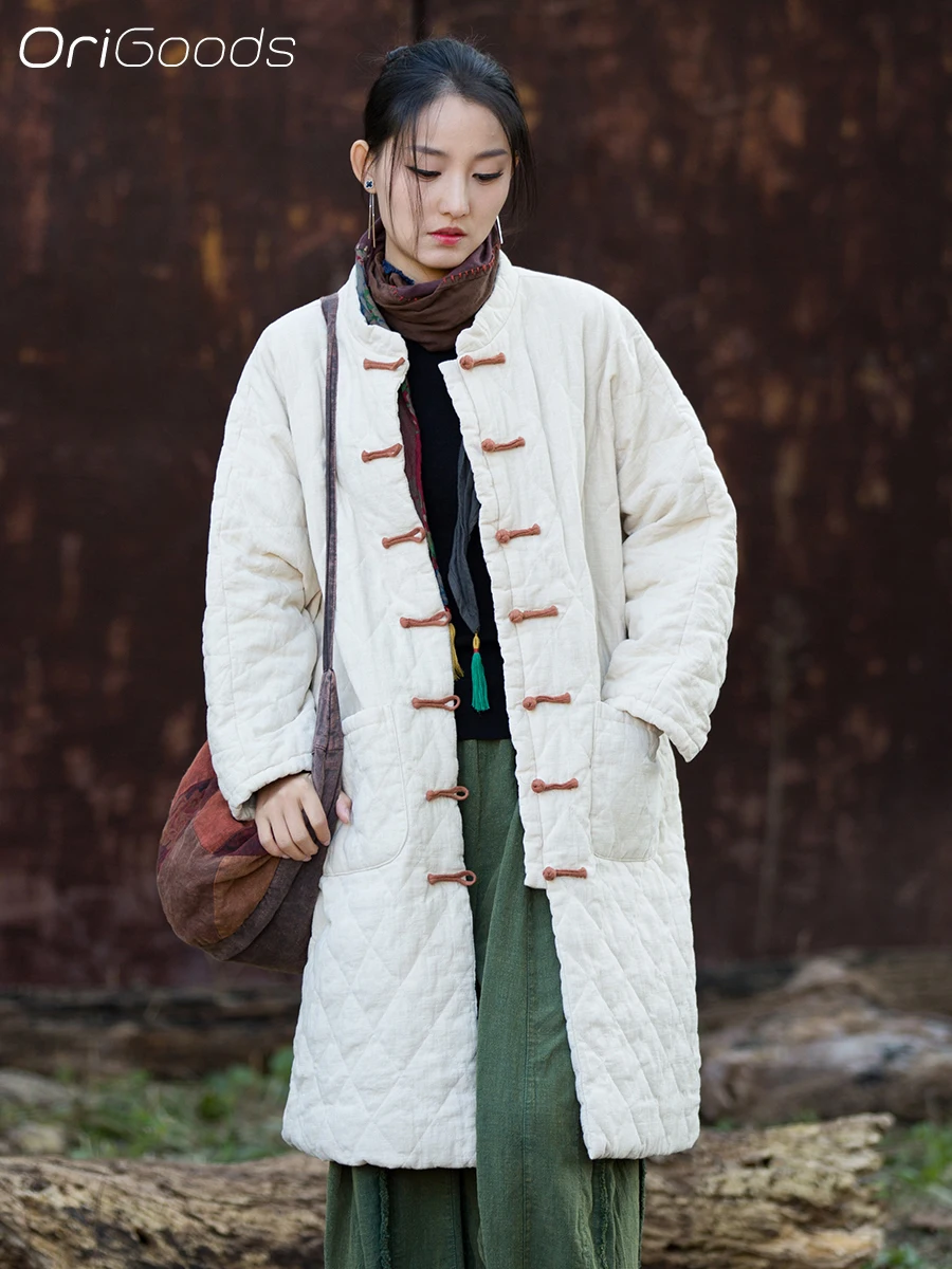 

OriGoods Oversized Cotton Padded Long Coat Woman Thick Warm Parkas Jacket Woman Quilted Outerwear Chinese Winter Clothes B353