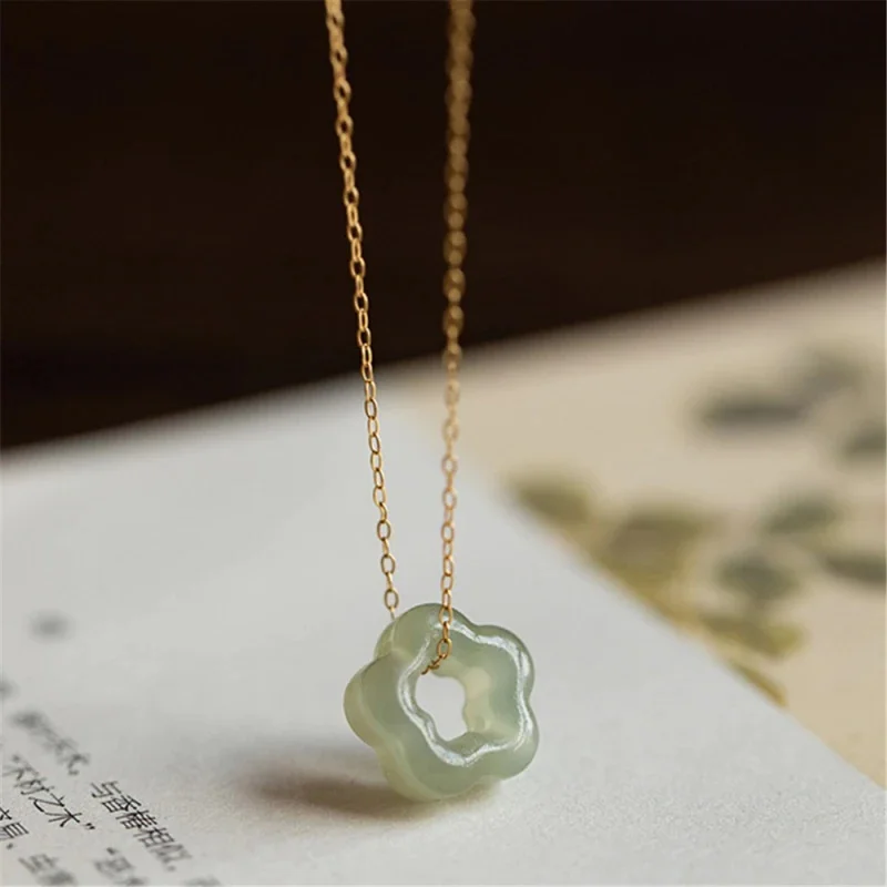 Accessories for Women Natural Hetian Jade Plum Blossom Star Pendant Necklace for Women Sterling Silver Chain Jewelry Collares