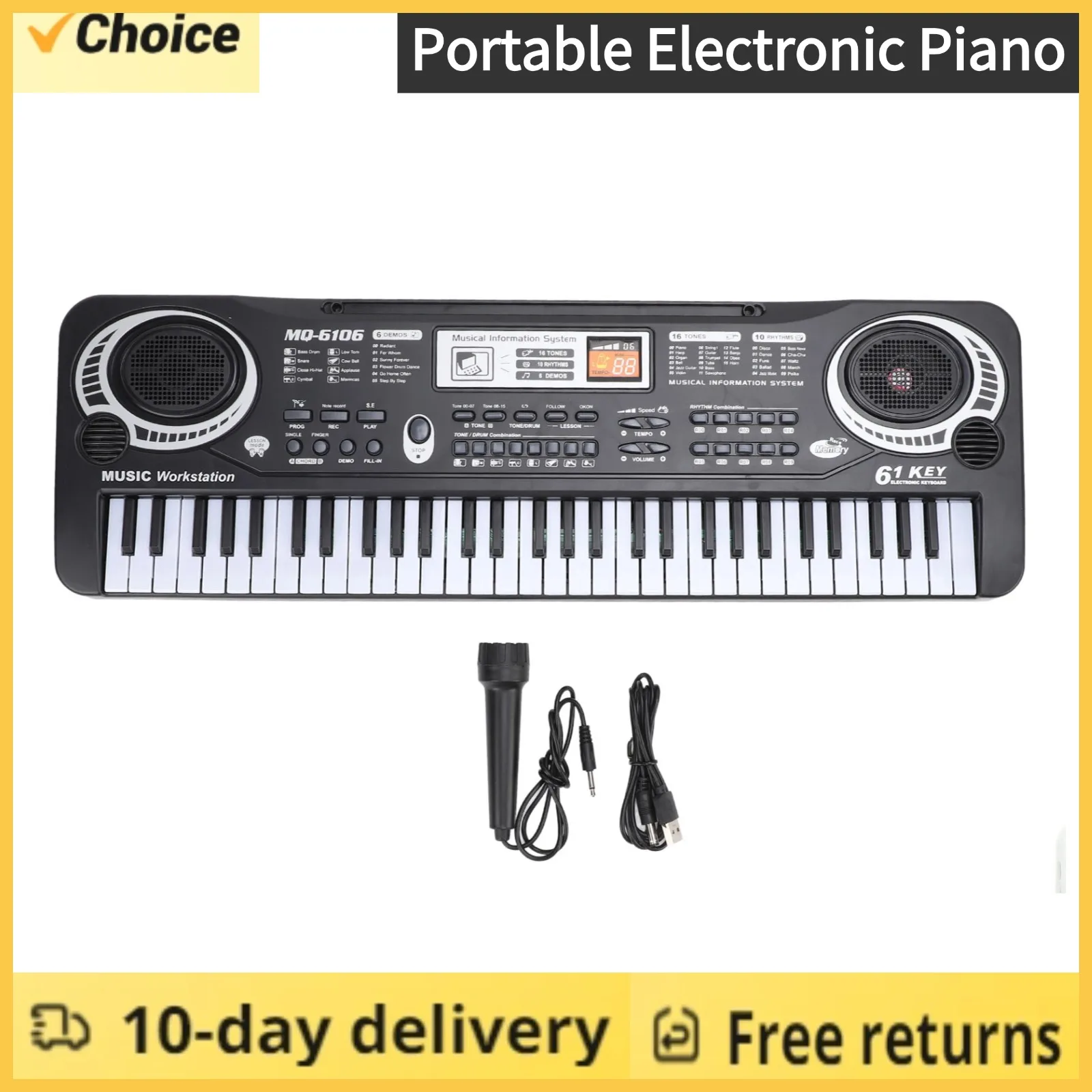 

Портативное электронное пианино для раннего обучения, детское клавиатурное пианино, 61-клавиш, закругленные края, веселое с микрофоном для детей