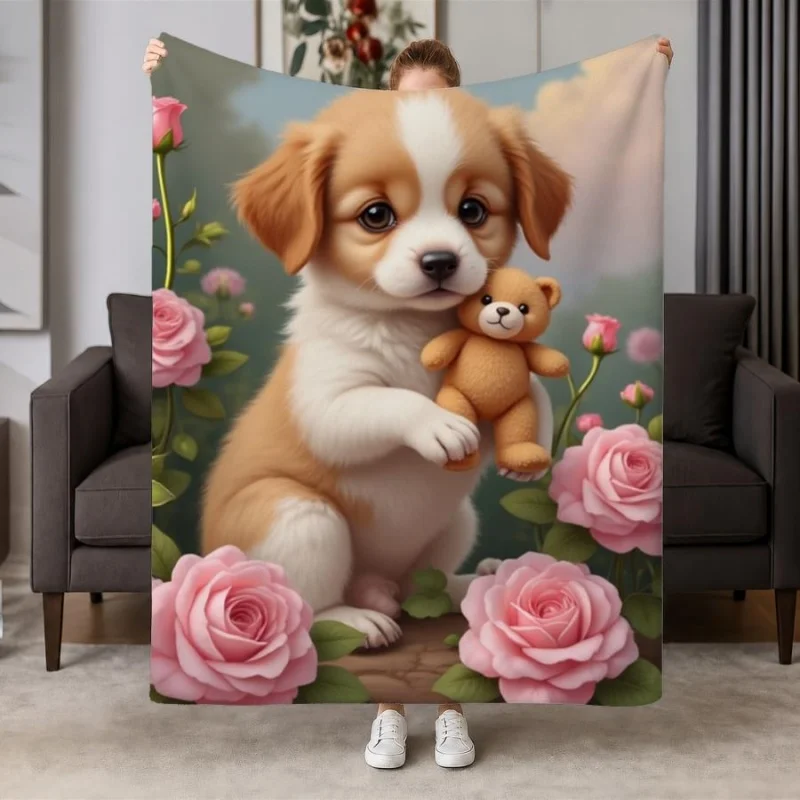 Adorable Puppy Hold Teddy Bear Pink Rose Floral Flannel Throw Blanket, Sweet Little Dog Flower Print Blanket for Gift