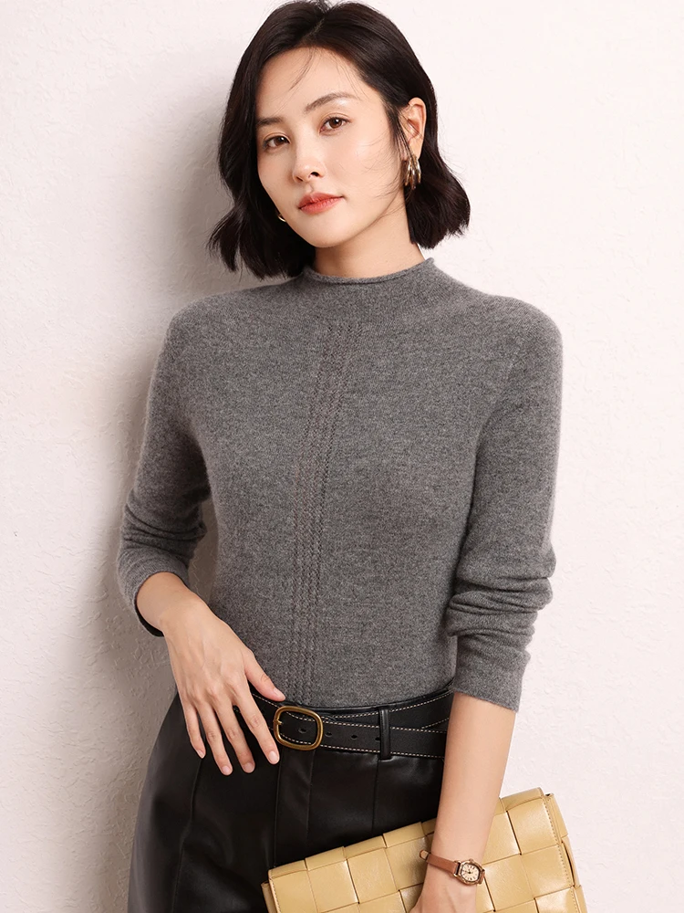 

CHICUU Autumn Winter Women Bottom Cashmere Sweater Mock Neck Slim Basic Pullover 100% Cashmere Knitwear Soft Comfy Sweater Tops