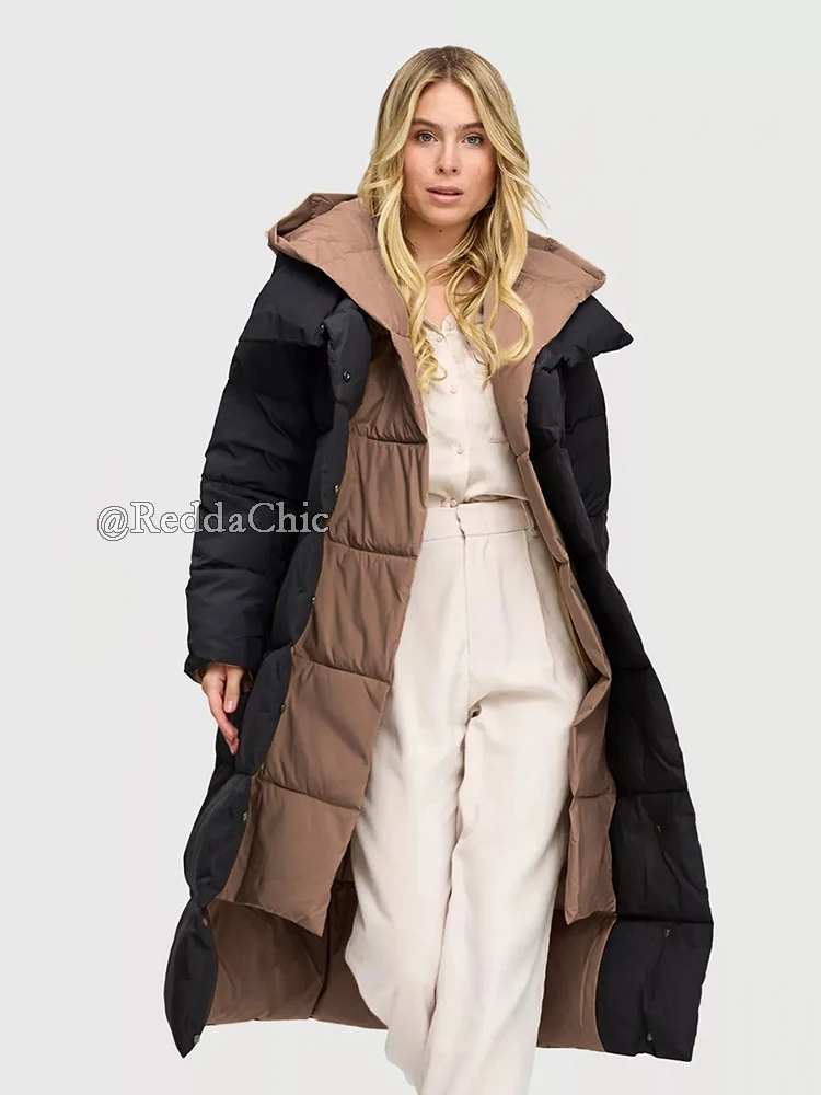 REDDACHiC Chaqueta larga de dos tonos con bolsillos, chaqueta acolchada acolchada para mujer, Abrigo acolchado informal con botones, prendas de vestir cálidas para invierno