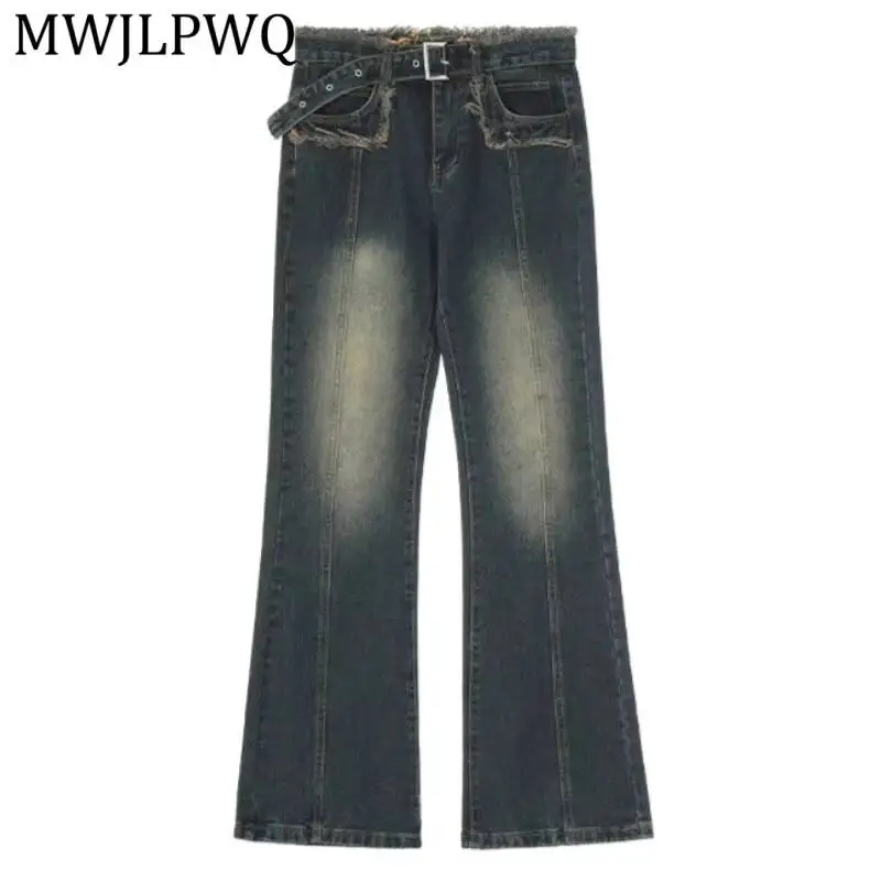 MWJLPWQ Vintage Frayed Waist Flare Denim Jean Metal Buckle Strap Gradient Wash Vertical Seam High Waist Men Retro Soft Fit 16928