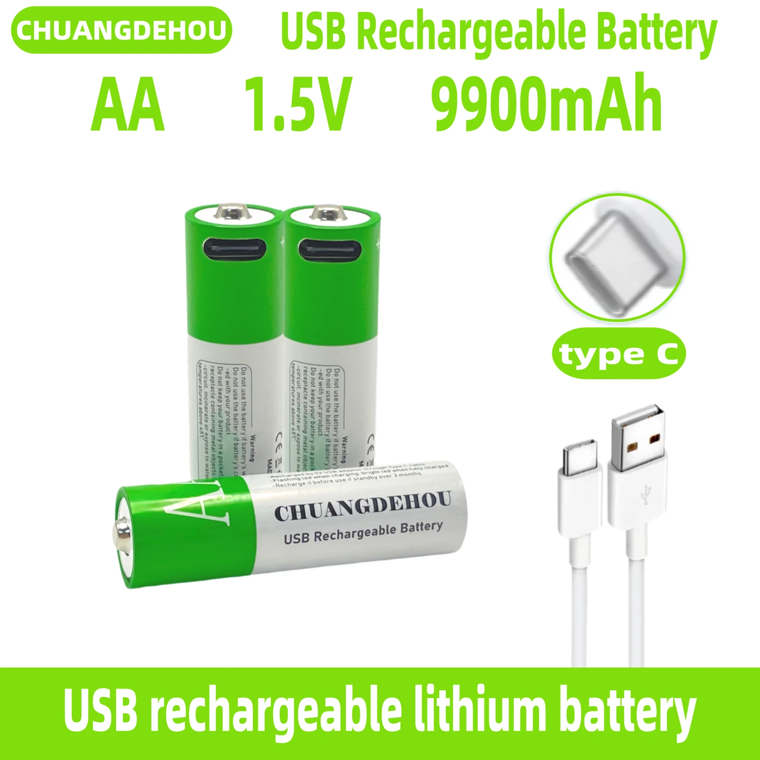 

AA rechargeable USB battery with 1.5V lithium-ion capacity 9900mAh, remote control mouse toy flashlight battery+C-type cable