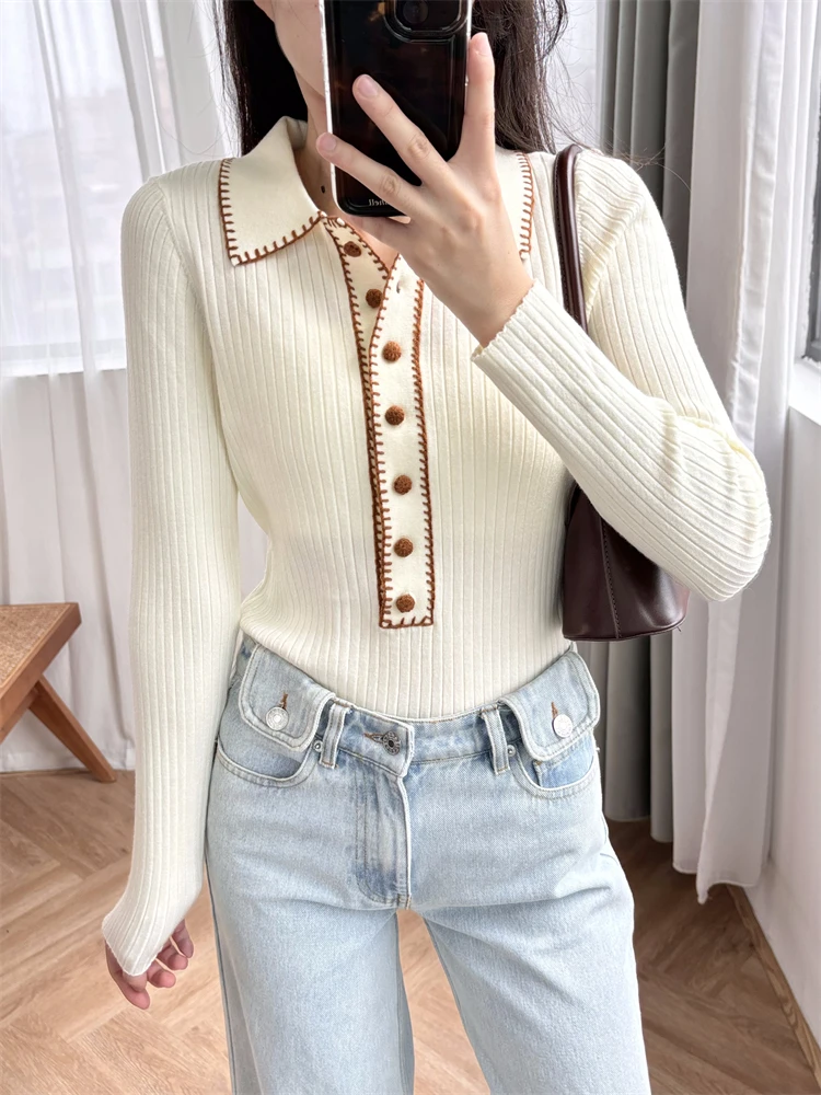 New 2024 High Quality Women Sweater Wool Pullover Slim Fit Color Blocking Elegant Classic Design Trendy Stylish Casual Sweet SE