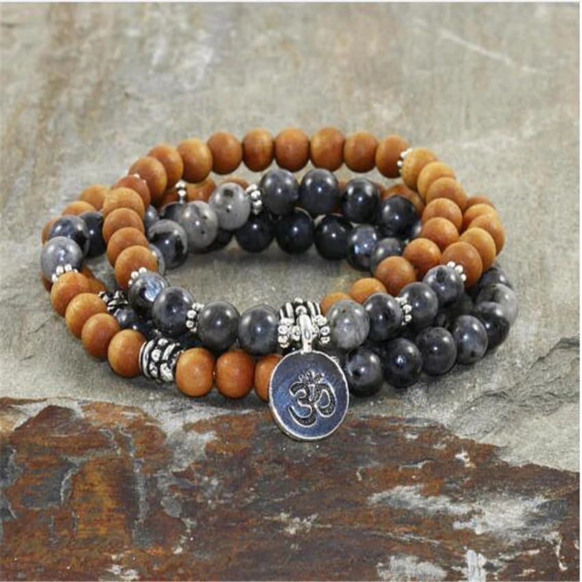 8mm Sandalwood Spectrolite Gemstone 108 Beads Mala Bracelet Wrap Fragrant Bohemian Bangle Cuff Unisex Buddhist Men