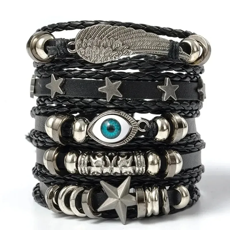 

5pcs Evil Eye Wing Star Diy Braided Punk Style Bracelet Set Fashion Black Skull Multi-layer Beaded Leather Winding Hand Rope
