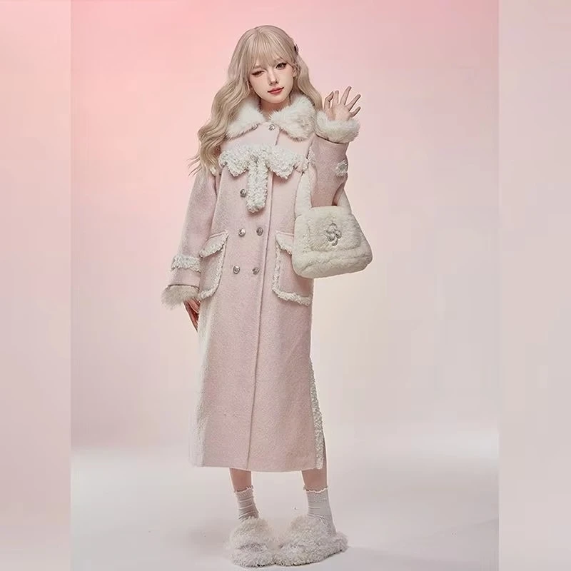 2026 Autumn Winter Y2K Lolita Long Woolen Coat Sweet Plush Big Bow Princess Style Warm Coat Pink Casual Kawaii Tea Party Coat