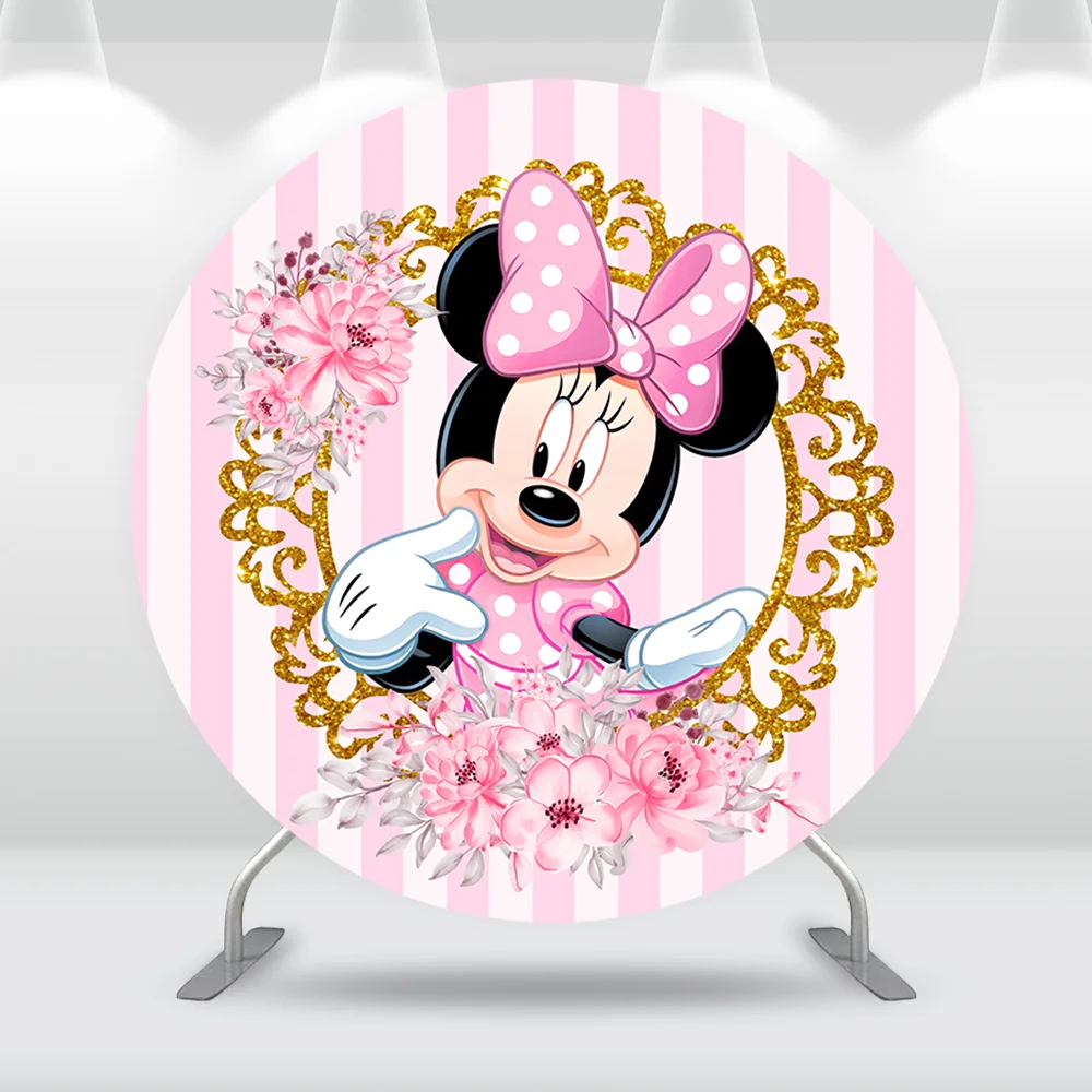 Disney Pink Minnie Mouse Birthday Party Circle Round Backdrop Cover Pink Stripes Flower Girls Baby Shower Cake Cylinder Covers