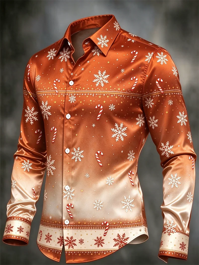 New men's shirt copper brown rice white satin white snowflake cane candy gold star print slim fit trendy men's shirt