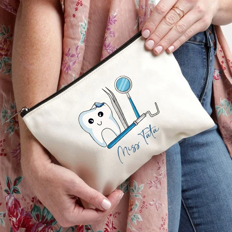 Teeth Pattern Name Custom Canvas Storage Pouch Travel Lipstick Cosmetic Bag Wallet Office Supplies Pencil Case Gift for Dentists