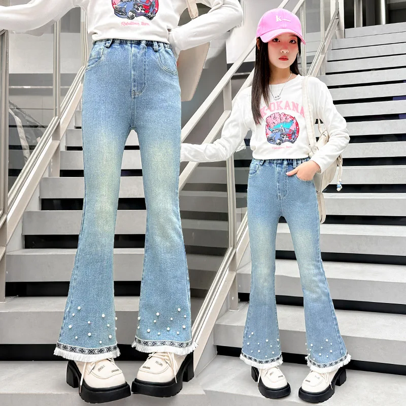 

New Spring Elegant Girls Boot Cut Tassel Jeans with Pearls For Children Slim Fit Kids Fringed Jeans Pants Teenage Denim Trousers