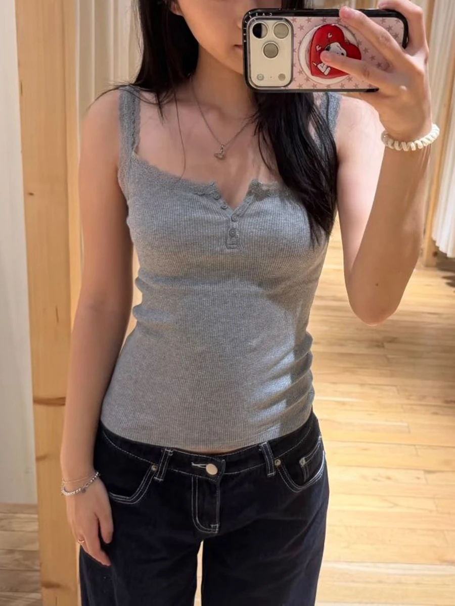 Spitze Trim Lila Schlank Tank Tops Frauen Sommer Vier Tasten Baumwolle Leibchen Weibliche Casual Süße Alle-spiel Grundlegende gerippte Camis Neue – Detail 12