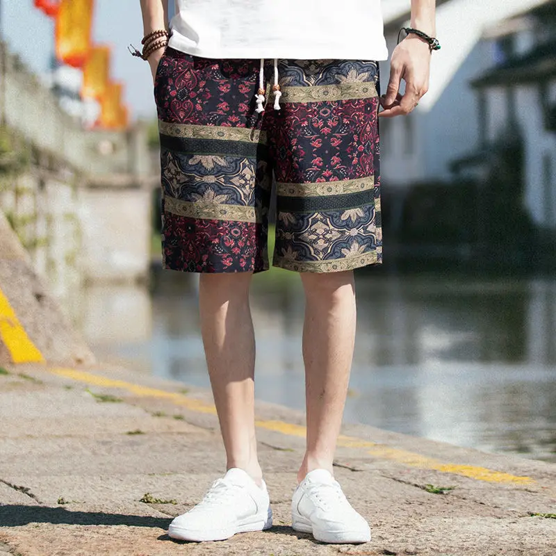 Japanese Vintage Boyfriend 2024 Summer Patchwork Elasticized Drawstring Printing Pocket for Comfortable Loose and Casual Shorts