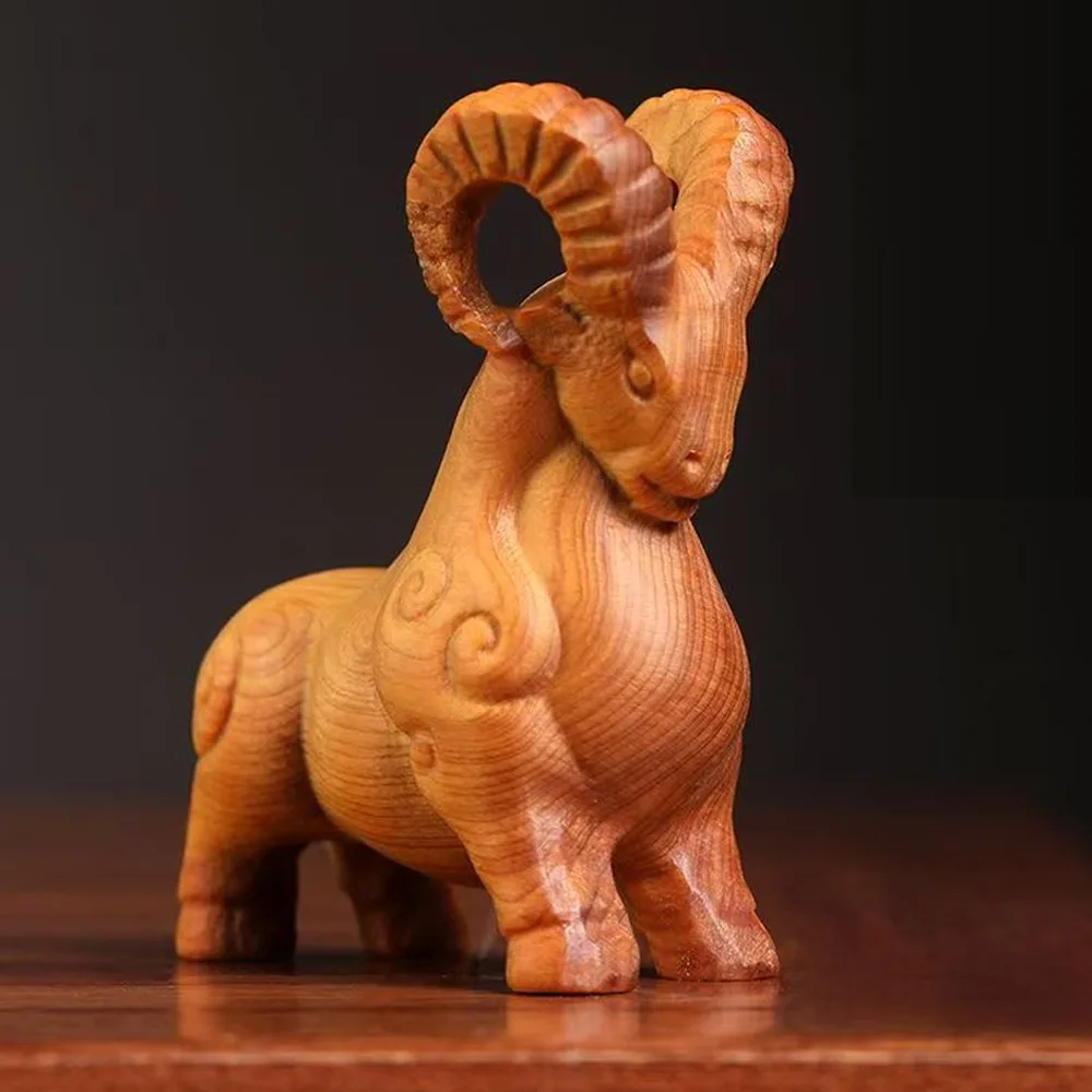 Handmade wooden sheep goat figurine bellwether ram animal statue Desktop Sculpture Ornament home decor Christmas Gift