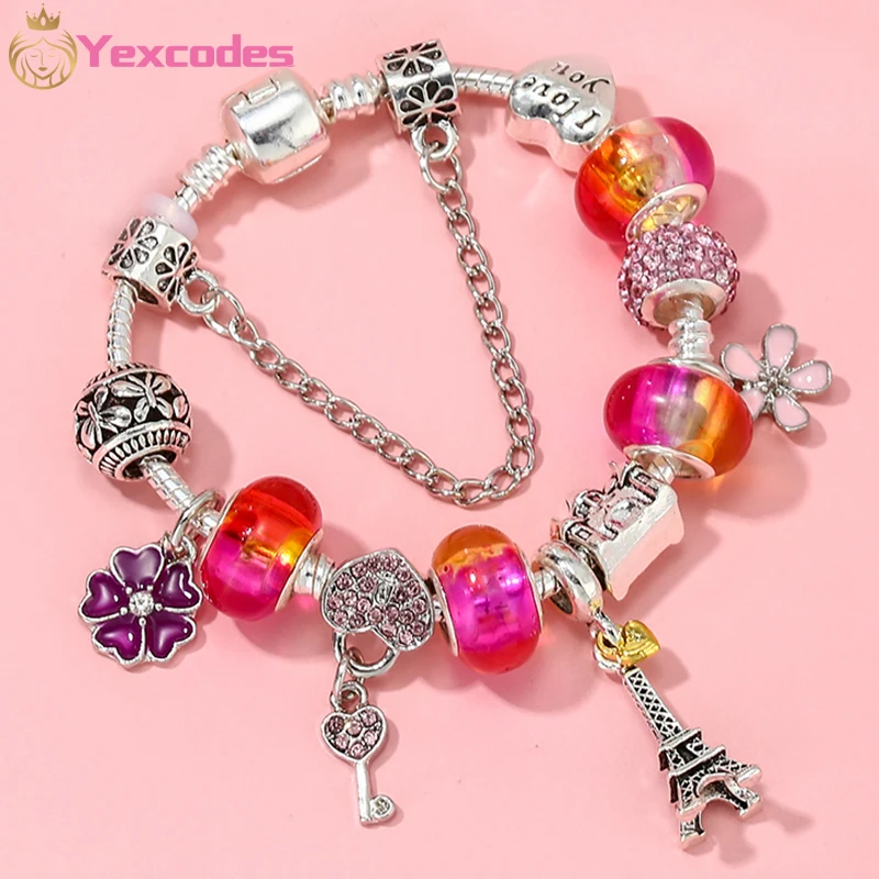 Fine Women Bracelets DIY Colored Crystal Beads Brand Bracelets Romantic Eiffel Tower Pendant Girl Jewelry Gift Pulsera Mujer