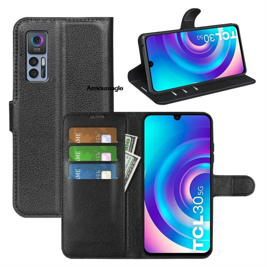 guard on tcl30 case for tcl 30 5g or 4g (6.7in) t776h t676j t676k flip cover wallet card book style leather black for tcl 30+