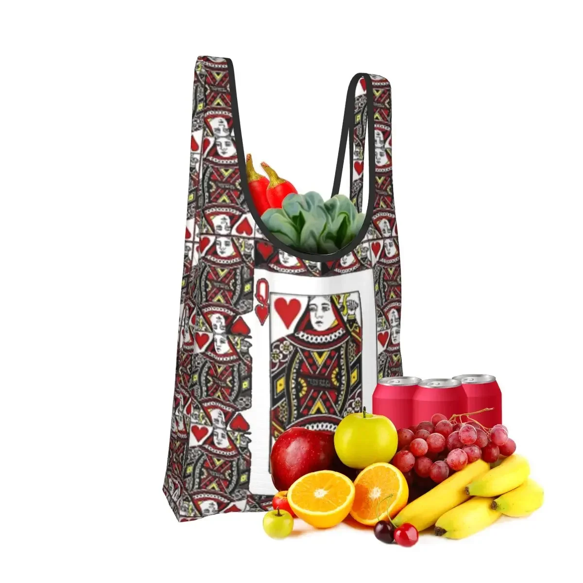 Casino Red Queen Of Hearts Pattern White Art Portable Tote Shopping Bags Foldable Shopper Bag Groceries Handbag Shoulder Bag