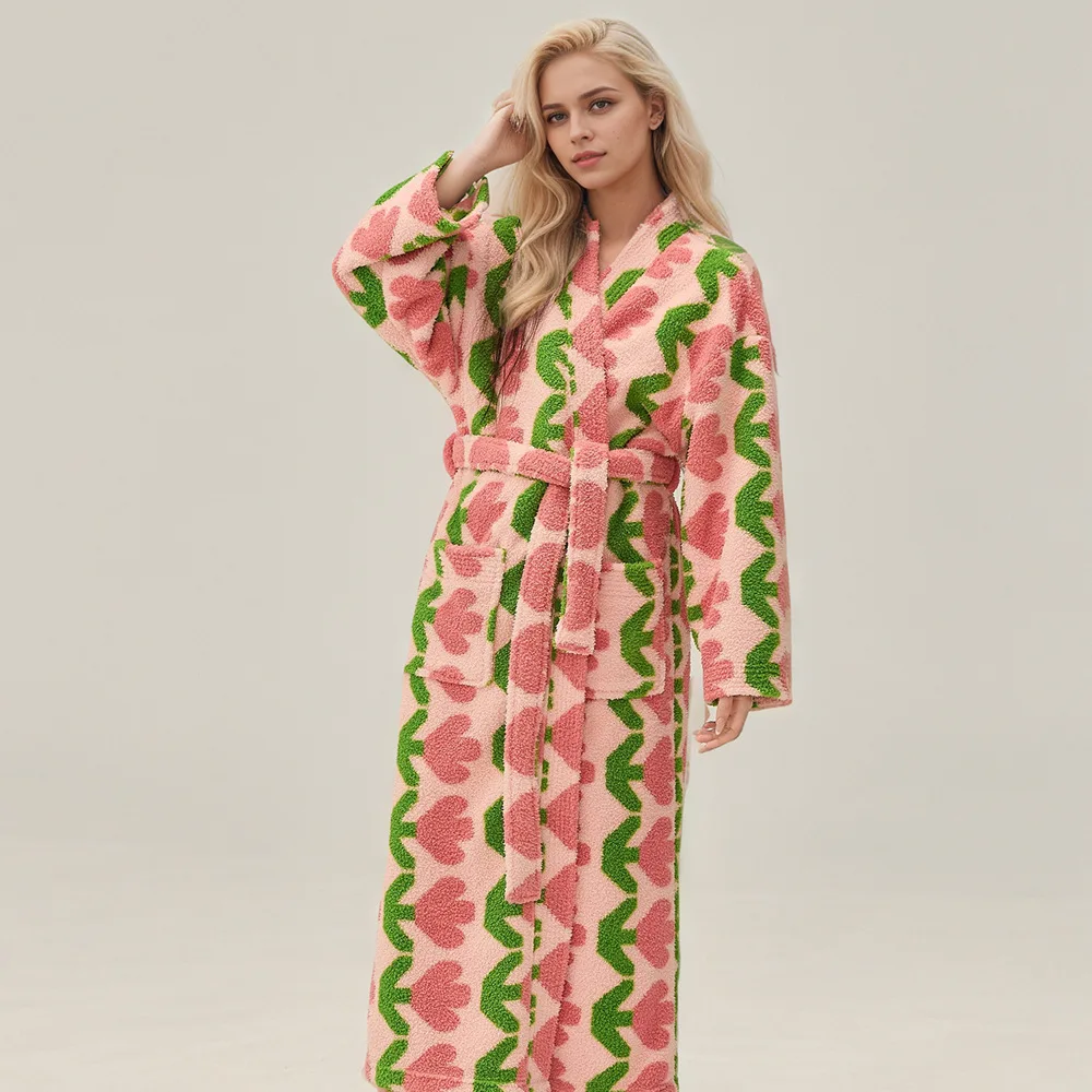 

Winter Thick Warm Sleepwear New Women's Long Robe Kimono Gown Coral Fleece Tulip Print Bathrobe Home Dress Casual Lounge Wear