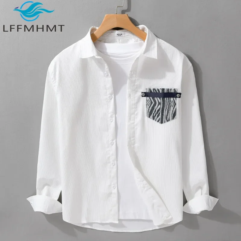 

9149 Striped Texture Chic Pocket Good Quality Shirt for Men Spring Fall Fashion Long Sleeve White Black Simple Basic Blouse Tops