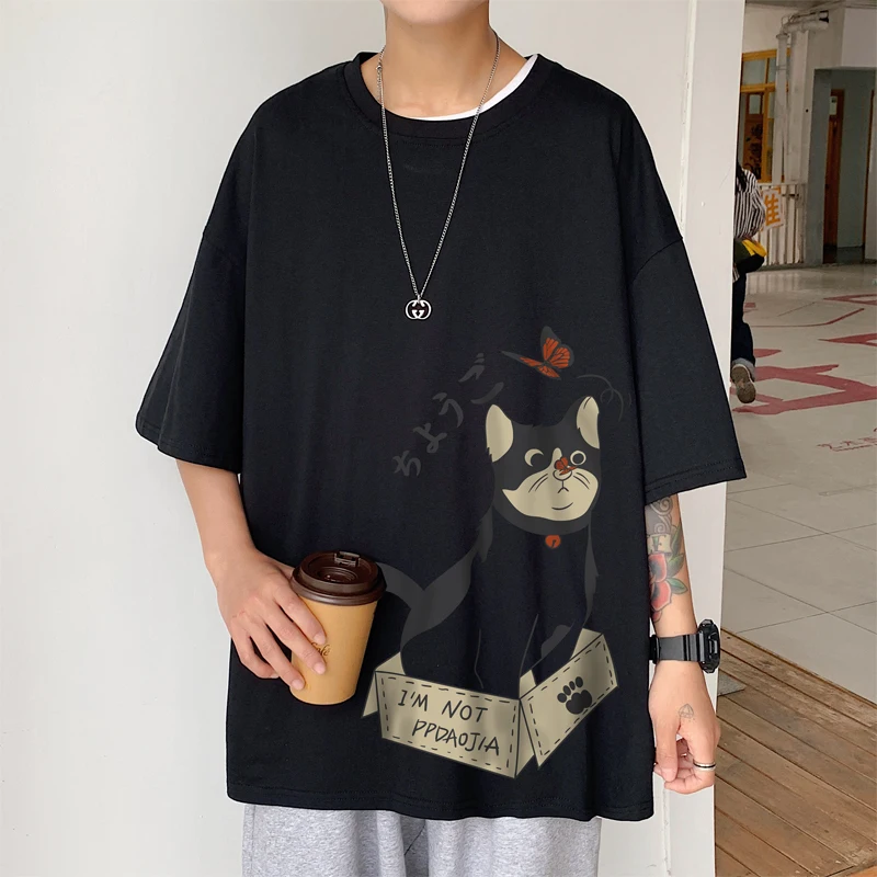 Short Sleeve Summer Men's High Street Tide Brand Cat T-Shirt Hong Kong Style Teen Large Size Five-Point Sleeve Blcak Pink