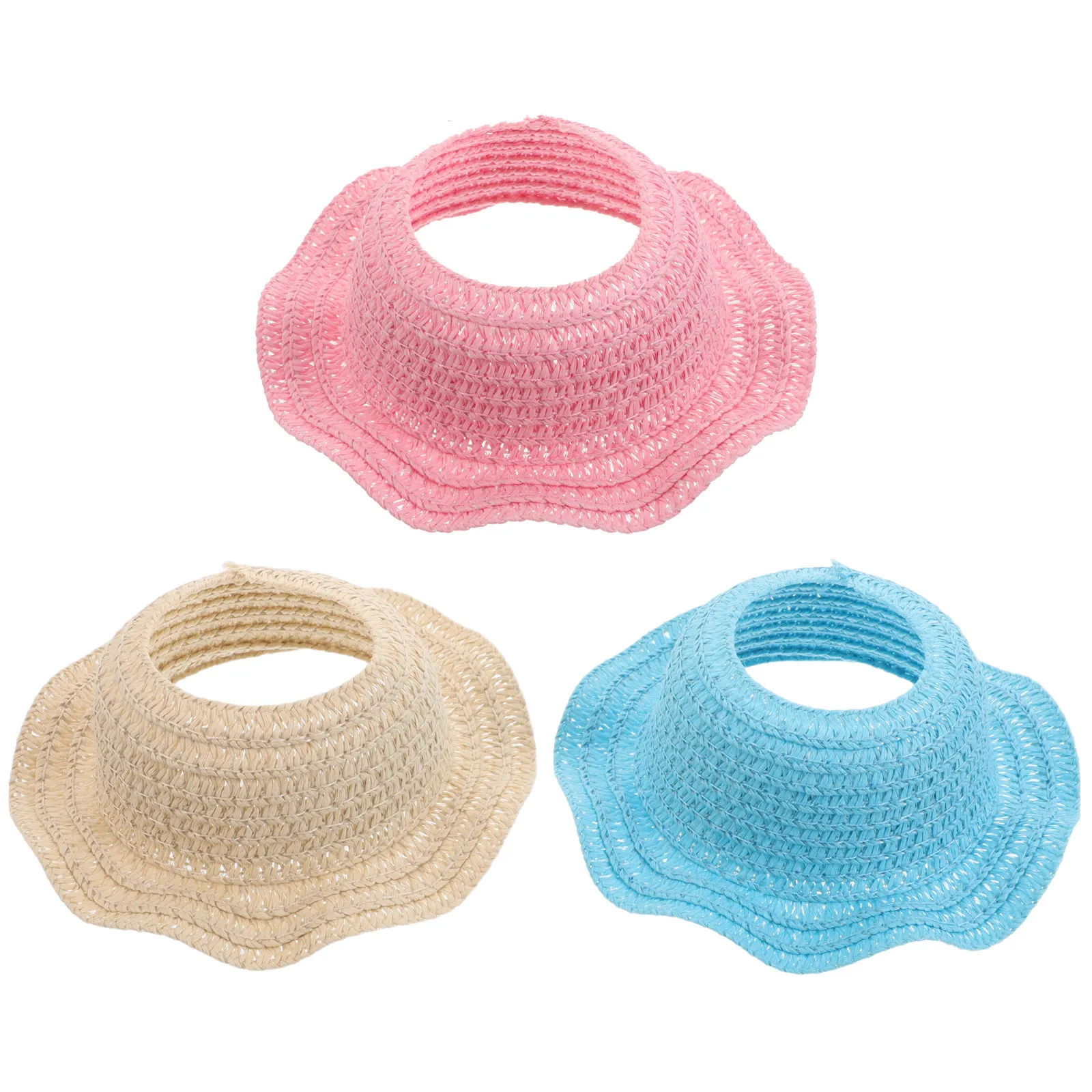 

3Pcs Crochet Straw Hats Handmade Mini Sun Protection Open Top for 17cm Dress Up Accessories Lightweight Craft Hats