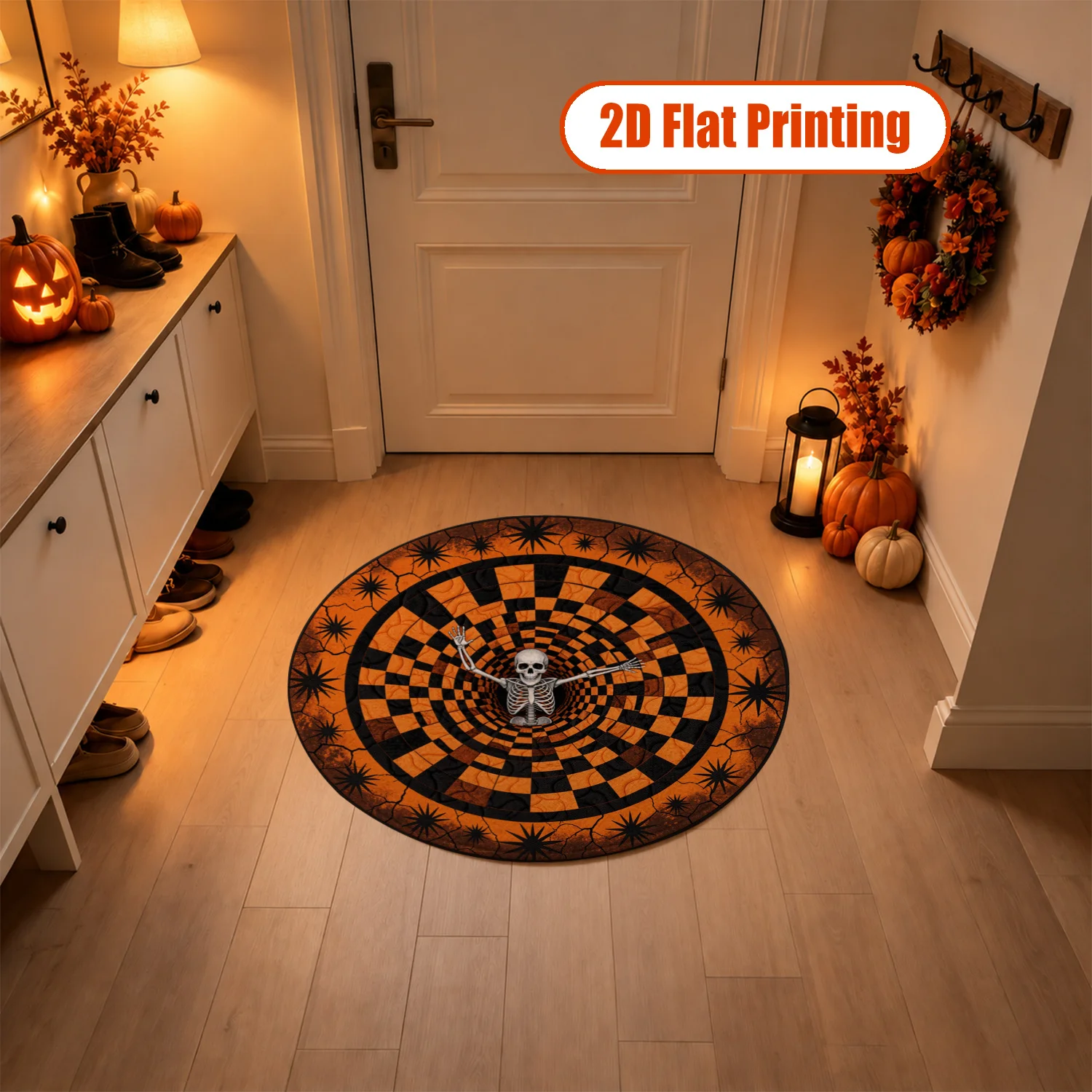 Skeleton Vortex Orange Black Star Pattern Round Velvet Rug, Machine Washable, Ideal for Living Room, Bedroom, Entryway, Perfect for Halloween, Thanksgiving, Christmas, Black Friday, Cyber Monday, New Year Decor