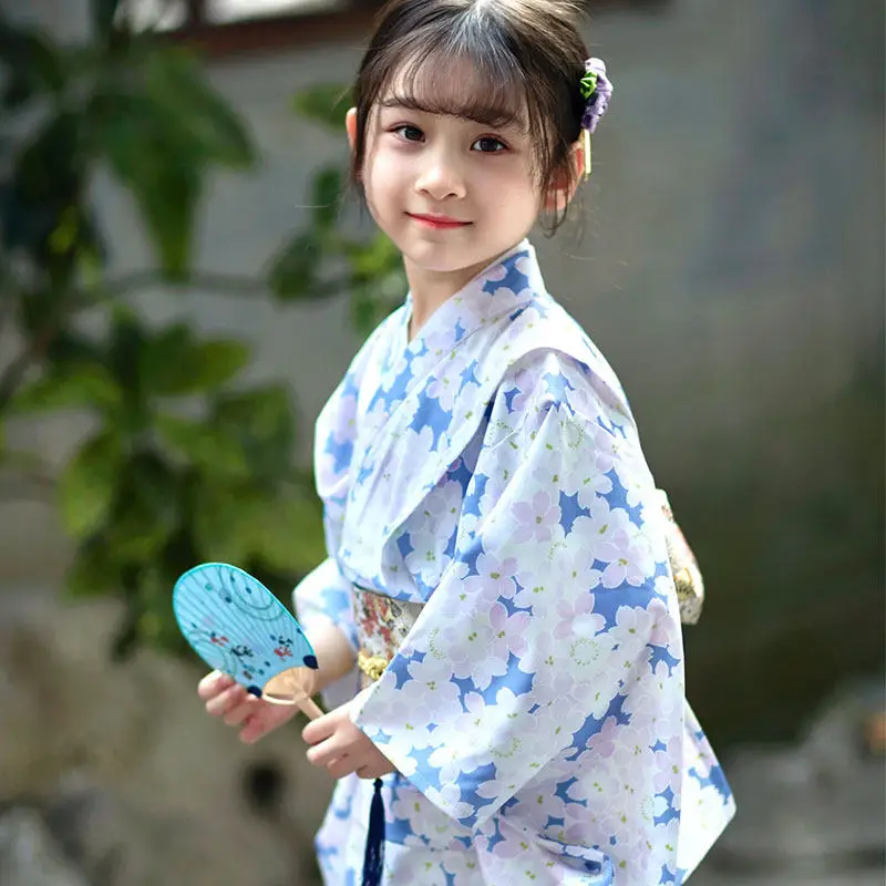 

2026 Children Japanese Traditional Kimono With Obi Flower Print Kimono Robe Traditional Kimono Yukata Girls Photography Clothing