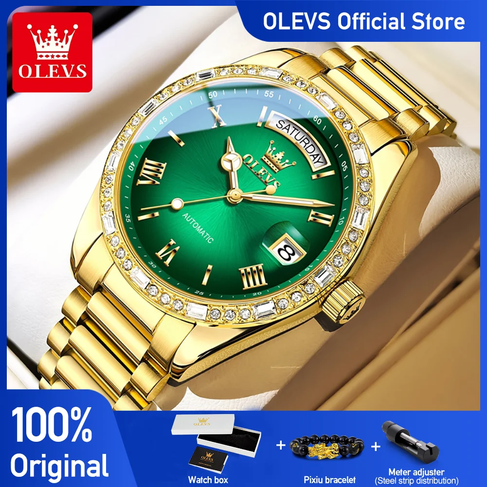 

OLEVS 6747, мужские часы, деловые элегантные механические часы с датой недели, водонепроницаемые светящиеся стальные ремешки, часы с календарем и окном для мужчин