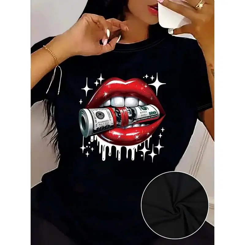 

"Money Lips T-Shirt Women's Trendy Red Lips Dollar Bill Graphic Tee Cash Queen Print Top Glamorous Wealth Aesthetic Streetwear"
