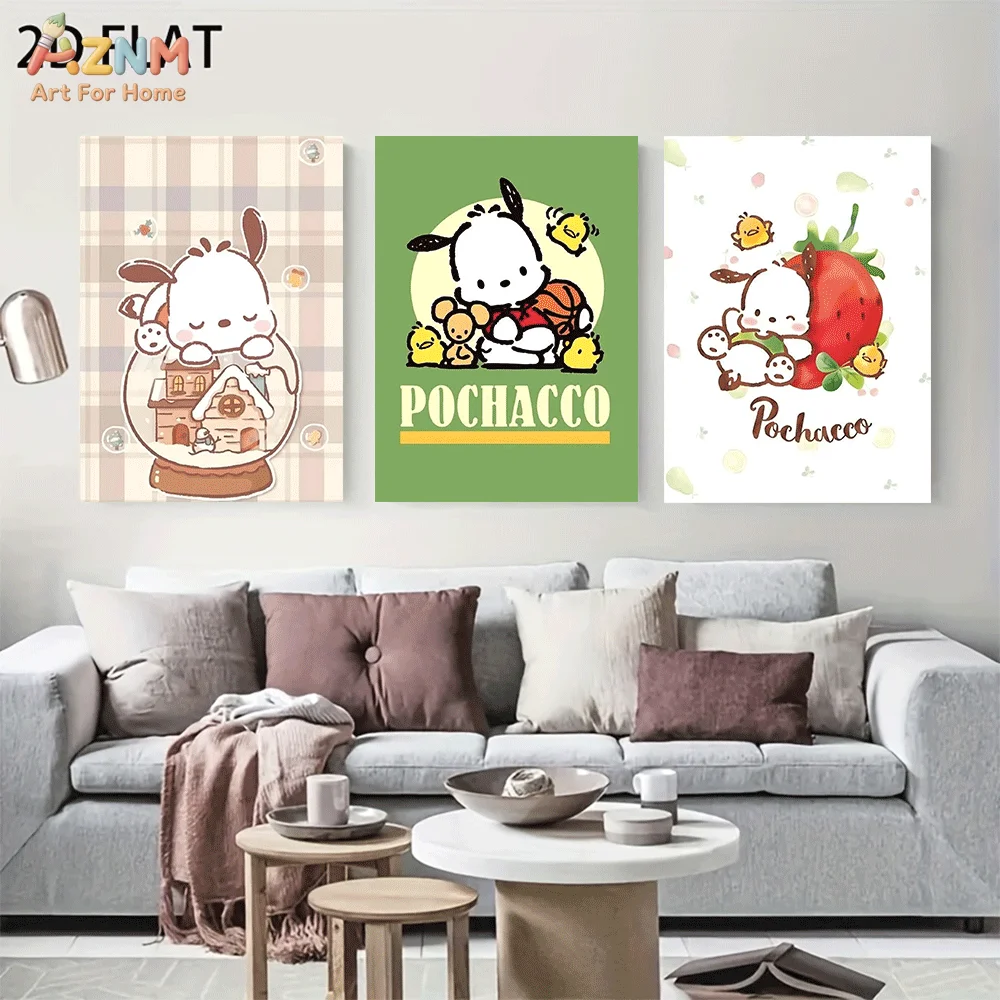 AZNM Pochacco Snow Globe Basketball Strawberry Canvas Wall Art, Frameless Cute Cartoon Print Poster For Kids Bedroom Nursery Hom