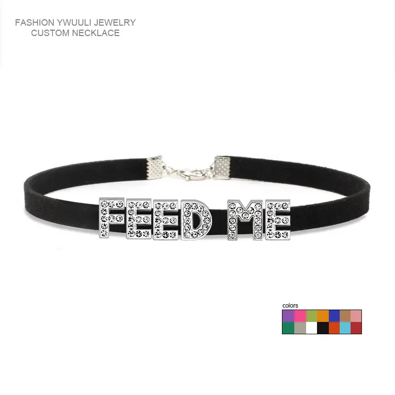 

Fashion Rhinestone Letter FEED ME Choker Necklace for Women Girls Korean Leather Collar Custom Personalized Sexy Jewelry Gift