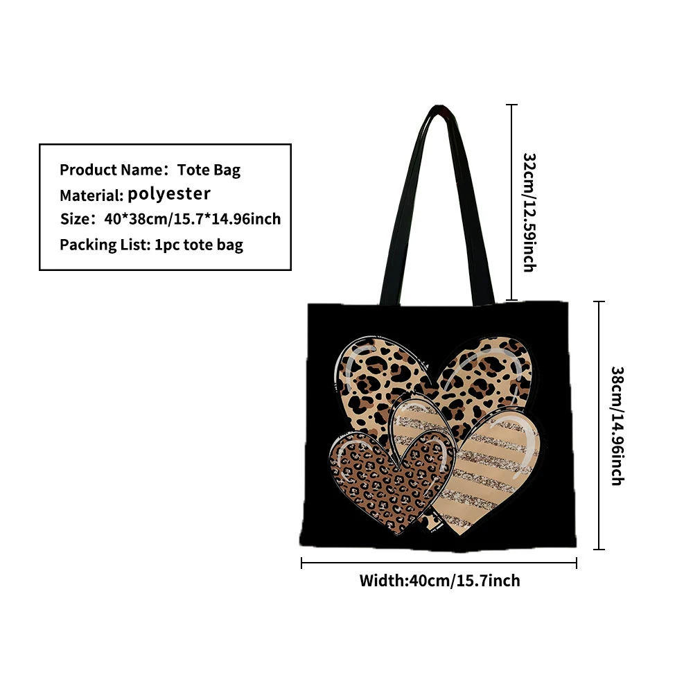 1pc Leopard Print Heart Canvas Tote Bag – Cute Triple Heart Pattern with Leopard & Glitter Stripes, Eco-Friendly Shoulder Bag fo