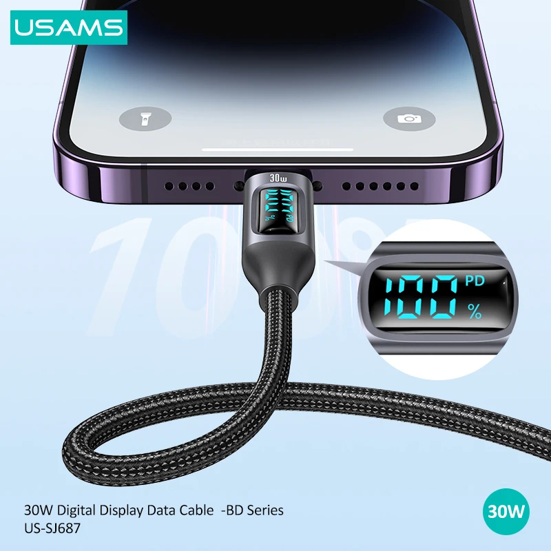 USams-type-cケーブルディスプレイ急速充電器、データケーブル、30w、pd、1.2m、iPhone 14、13、12、11 pro max、iphone x、macbookに適合