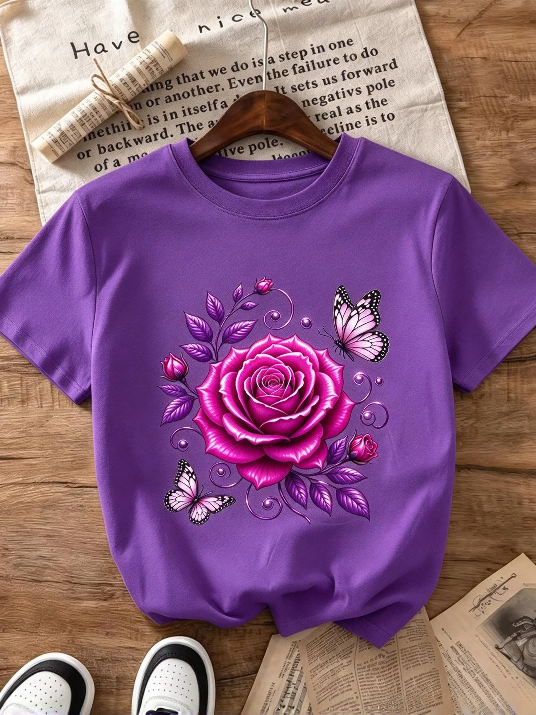 Purple Rose Flower Women T Shirt Pink Butterfly Graphic Printed Tees Y2k Grunge Aesthetic Clothing Fairycore Short Sleeve Casual Purple Tops