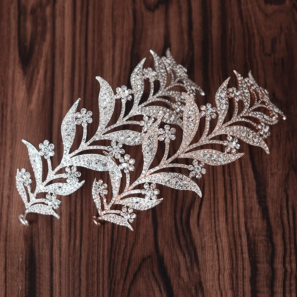 Luxury Silver Color Crystal Leaf Vine Bridal Tiaras Crowns Wedding Hair Accessories Rhinestone Pageant Crown Bridal Hair Jewelry