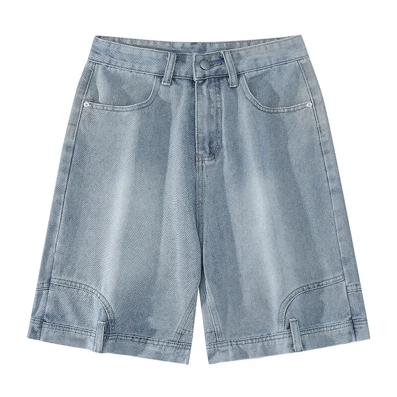 Vintage Wash Denim Shorts Men's  Fashionable Casual Pocket Shorts Classic High Waist Mid-calf Pants