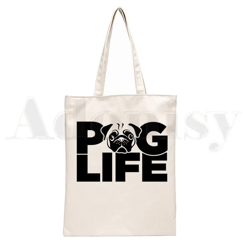 Dog Pet Pug Life Cartoon Printing Funny Harajuku Handbags Shoulder Bags Casual Shopping Girls Handbag Women Elegant Canvas Bag