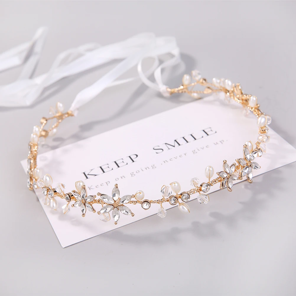

Pearl Hair Wreath Bridal Headband Crystal Crown Rhinestone Headpiece Floral Garland Golden Wedding Photography Fairy Party