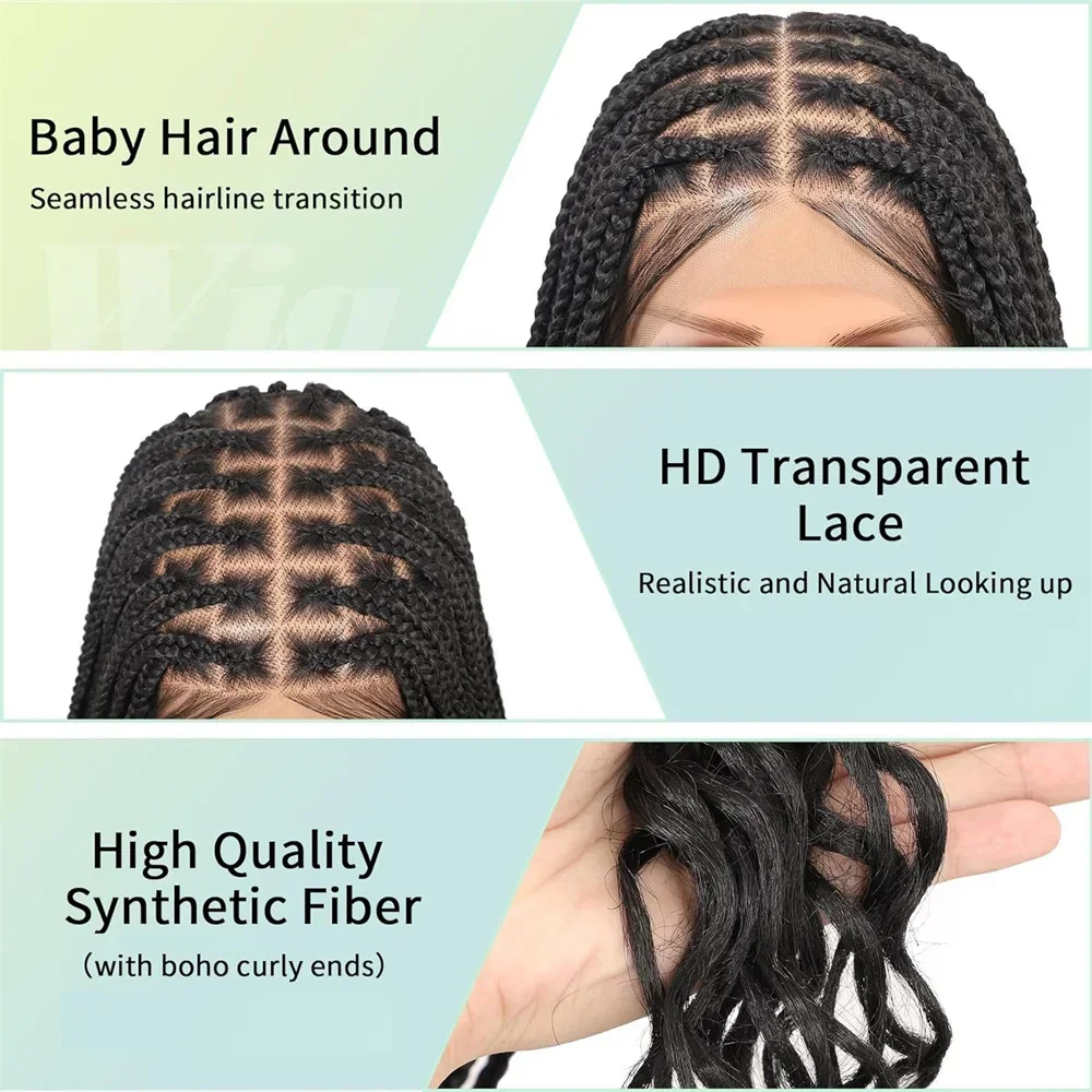 Box Braids Wig for Women, Full Lace, Synthetic, 3x Twist, Long Braids Wig for Women, Tail Curl, Transparent Lace, Baby Hair, 03/Use, 36 in