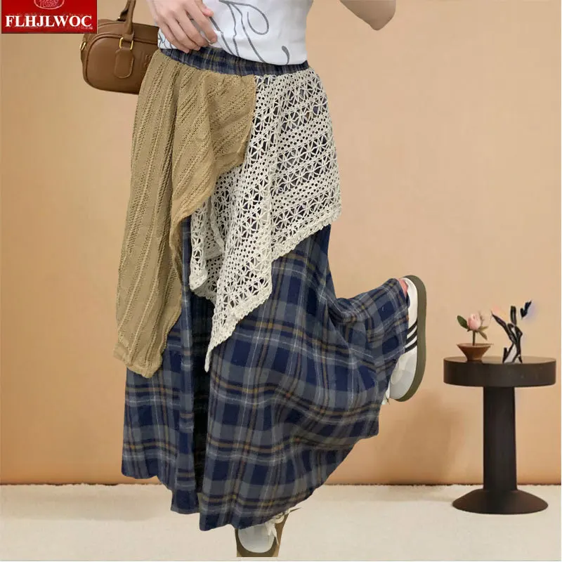 Japanese Mori Girls Cute Long Curtain Skirts Village Pastoral Rustic Country Style Patchwork Hollow Out Lace Crochet Plaid Skirt