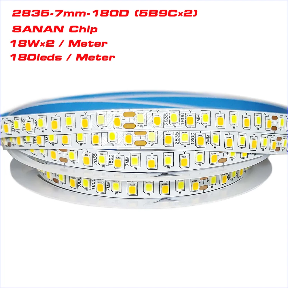 Fita LED cinto de luz com 2 juntas de solda, 2835-7mm, 180D, 5B9CX2, 2835, corrente constante, 18W x 2, 3 cores