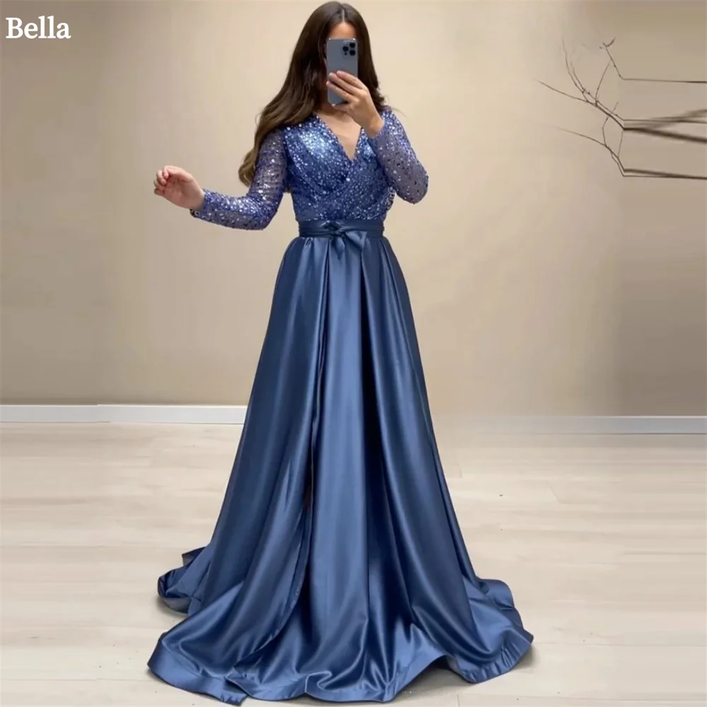 Bella Elegant Blue Long Sleeve Party Dress Satin A-line Floor-Length vestidos de fiesta V-neck Shiny Sequins Pleats  فساتين سهرة