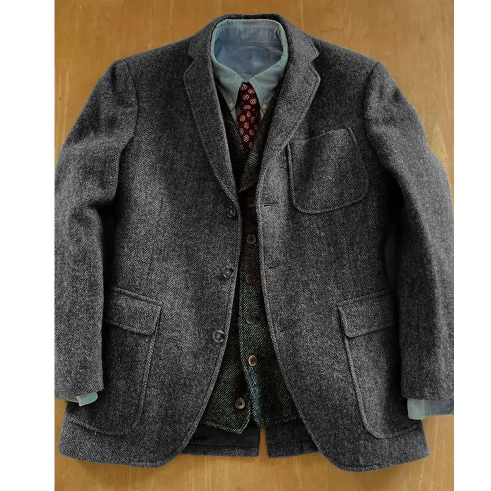 Men's Herringbone Tweed Blazer Classic Notch Lapel Three Button Sport Coat Vintage Wool Blend Jacket for Business & Smart Casual