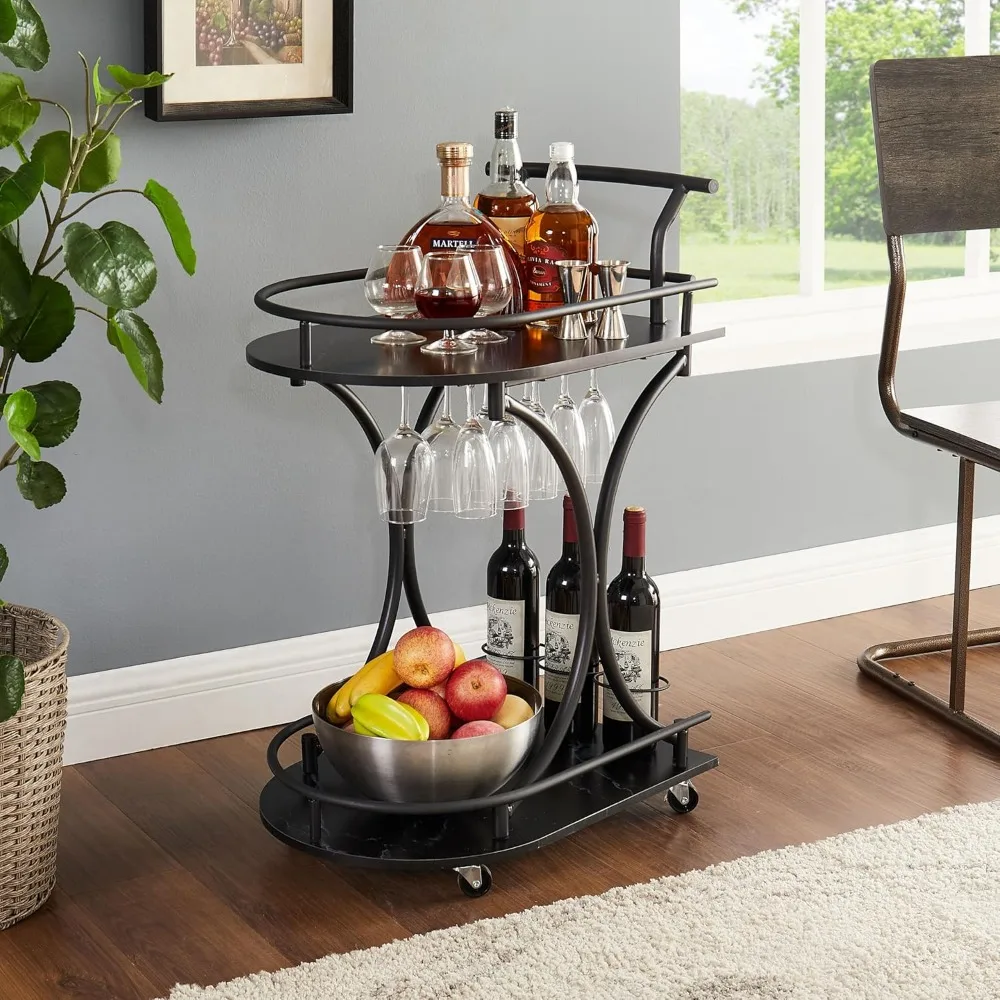 

Industrial Style 2-Tier Bar Cart - Mobile Serving Cart with Wine Rack and Glass Holder, Rolling Beverage Trolley for Kitchen and