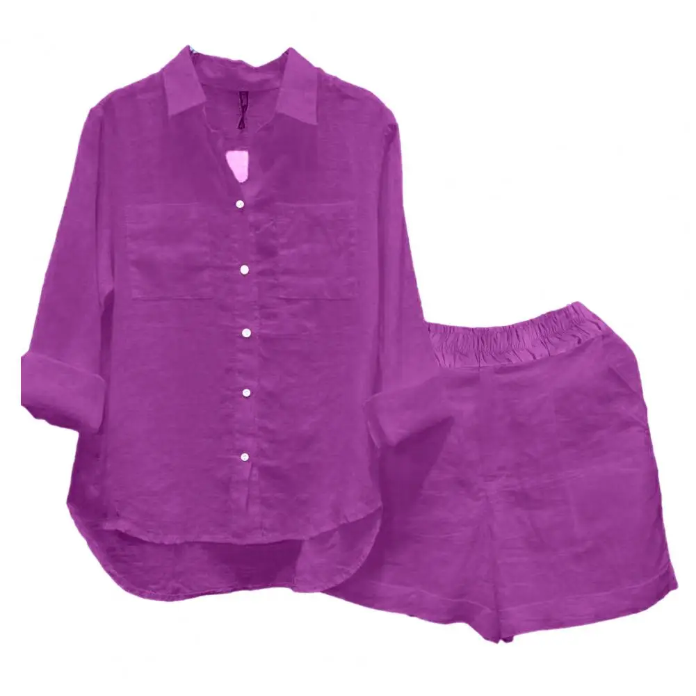 2025 Female Fall Spring Outfit Women Shirt Shorts Set Long Sleeves Irregular Hem Lapel Shirt Shorts Summer Suit Top Shorts 2025