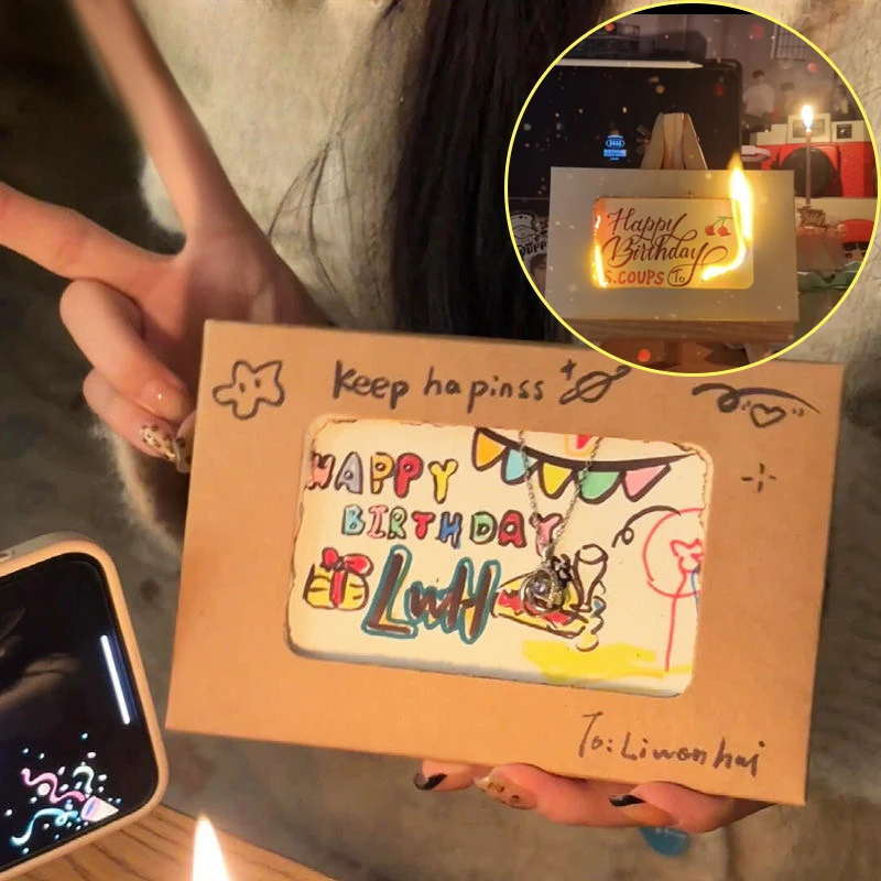 Flame Burning Greeting Card DIY Handmade Burning With Matches Happy Birthday Envelope Paper Material Wrapped Greeting Card Gift
