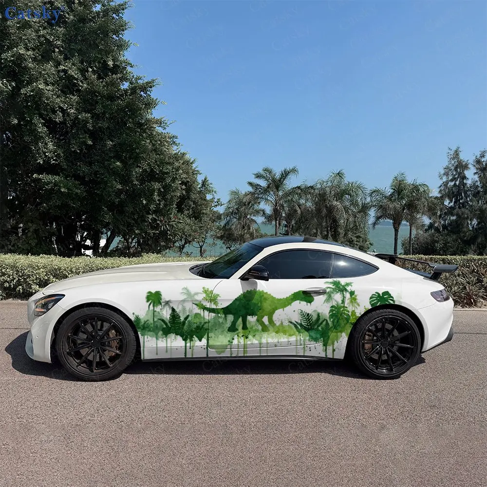 2pcs.Ink Wash Dinosaur Jungle Vintage Car Sticker Car Side Decals | Self-Adhesive PVC Waterproof & Scratch-Resistant Stickers