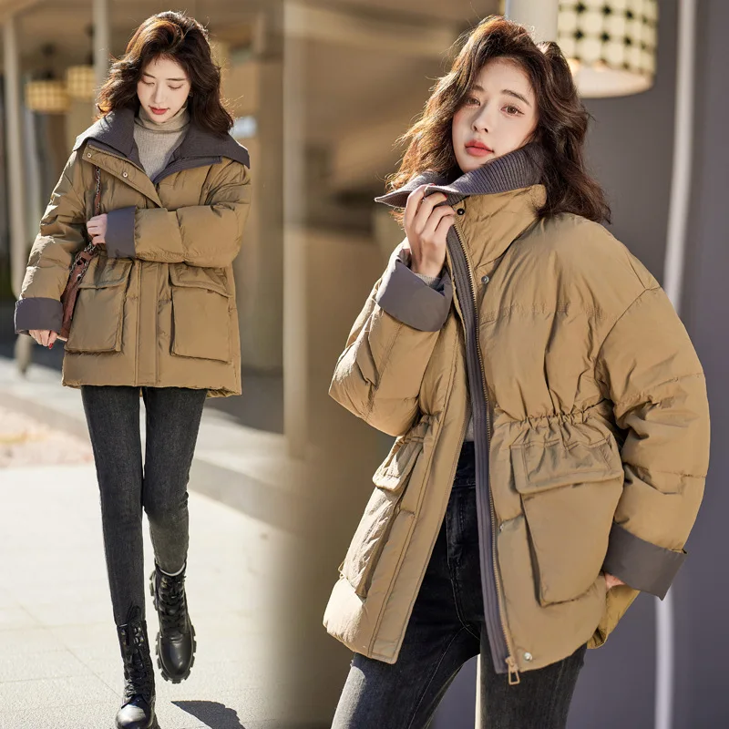 Loose Knitted Lapel Coat for Women, Padded Down Jacket, Collision Color, Korean Version, New, Autumn and Winter, 2024