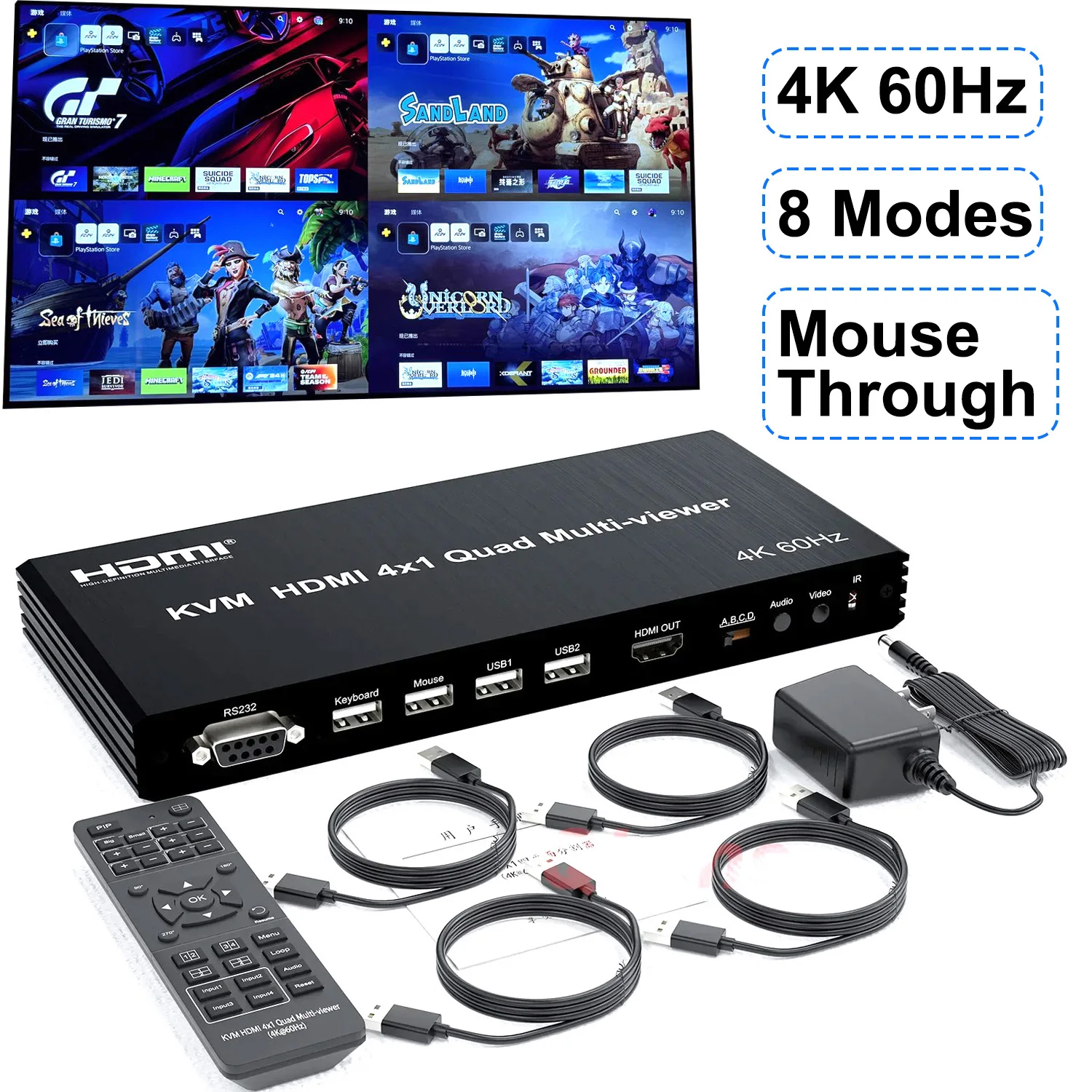 

4K 60Hz HDMI Multiviewer KVM Switch 4x1 USB Quad Multi-Viewer PIP 90° 180° Flip for 4 PCs Share USB Keyboard and Mouse Control